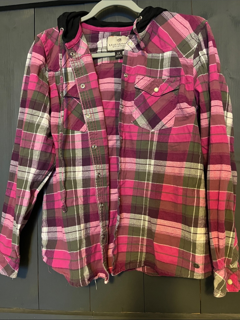 Legendary Whitetails Pink and Olive Plaid Hooded Flannel Shirt